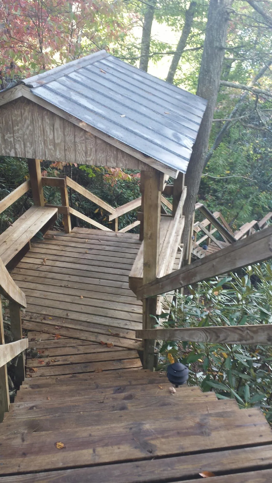 Metal roofed shelter over wooden steps on a wooded walkway — Skylight Repair & Installation work by our crew in Nucla